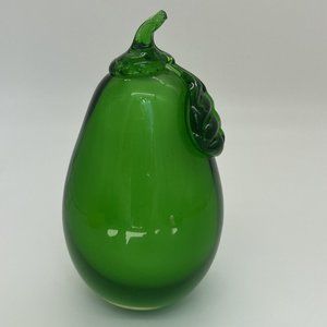 Hand Blown Art Glass Cased Green Pear With Applied Leaf